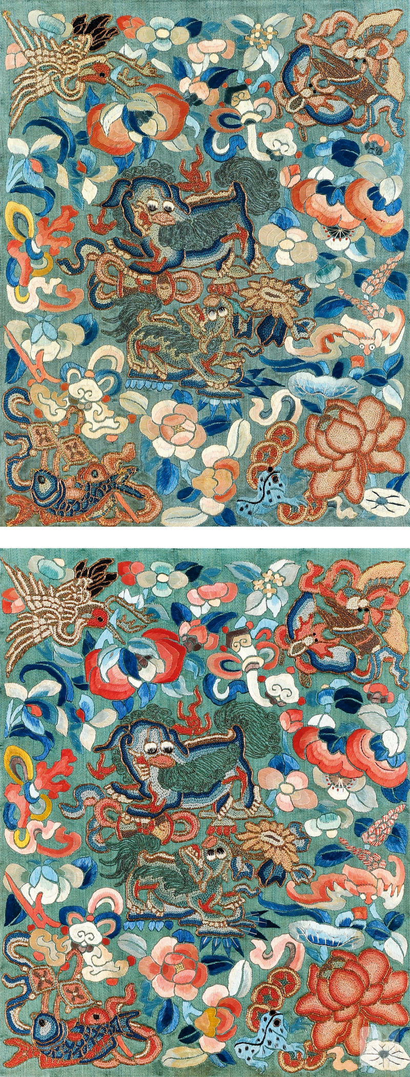 清 绿缎地狮子仙鹤花蝶纹马面一对